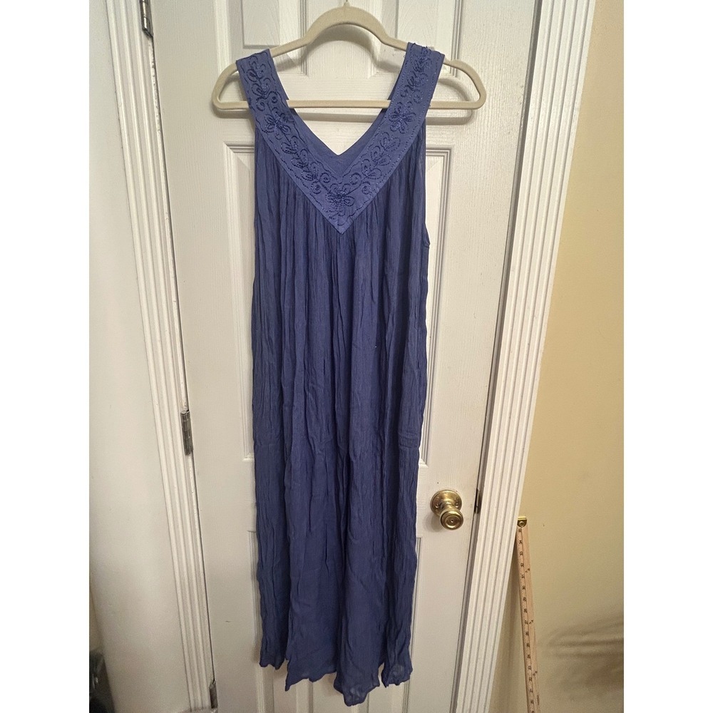 NJ Periwinkle Blue Embroidered V-Neck Crinkle Gauze Maxi Dress Pocket Free Size
